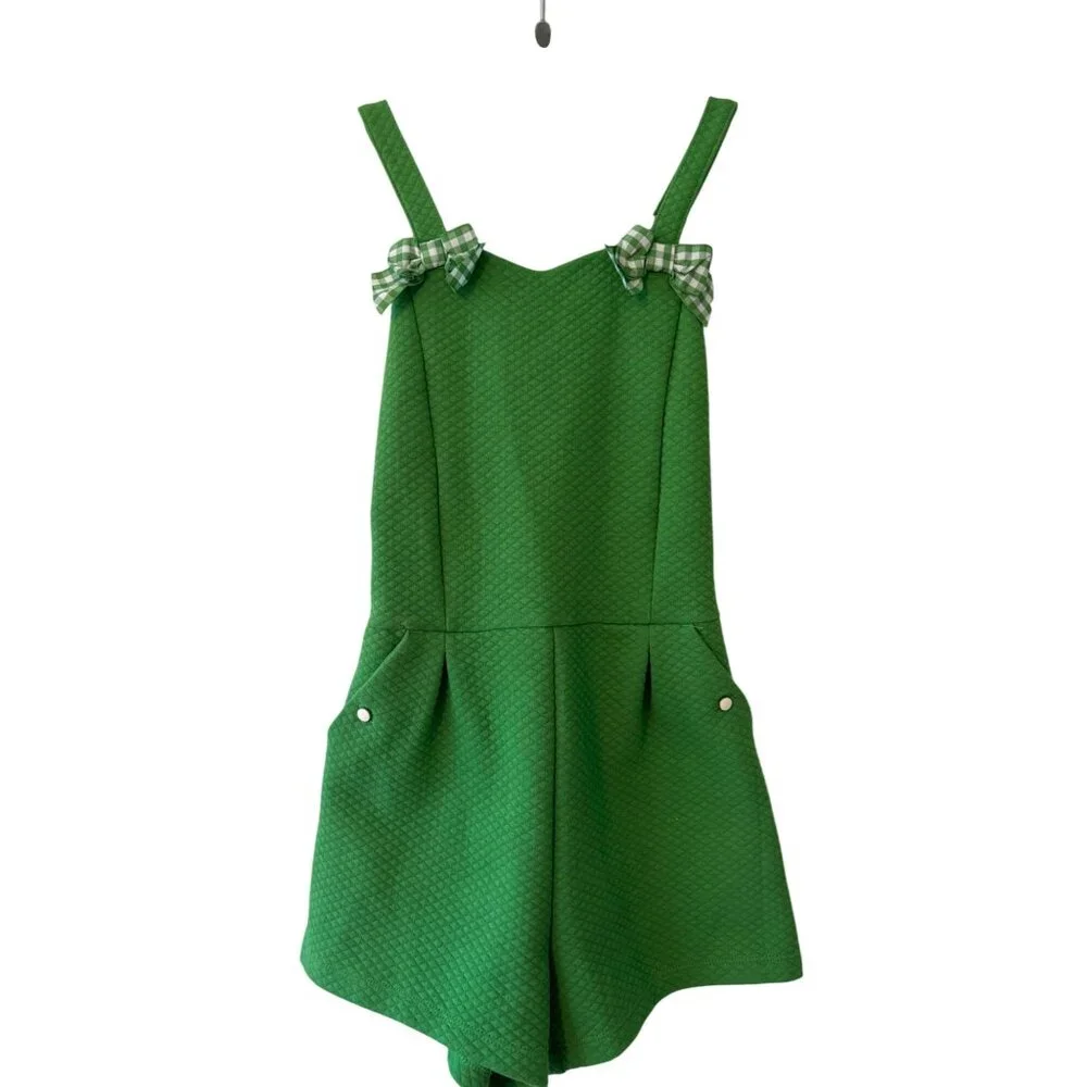 Janie And Jack Green Quilted Gingham Bow Romper Girls Size 8T - Picture 2 of 12